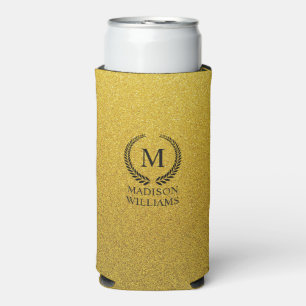 Custom Golden Black and Gold Glitter Monogram Seltzer Can Cooler