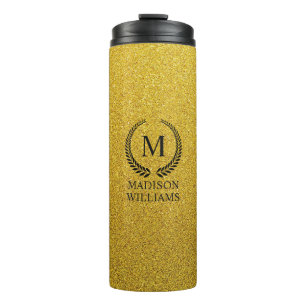 Custom Golden Black and Gold Glitter Monogram Thermal Tumbler