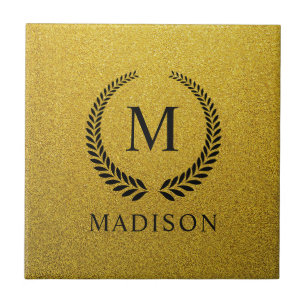 Custom Golden Black and Gold Glitter Monogram Tile