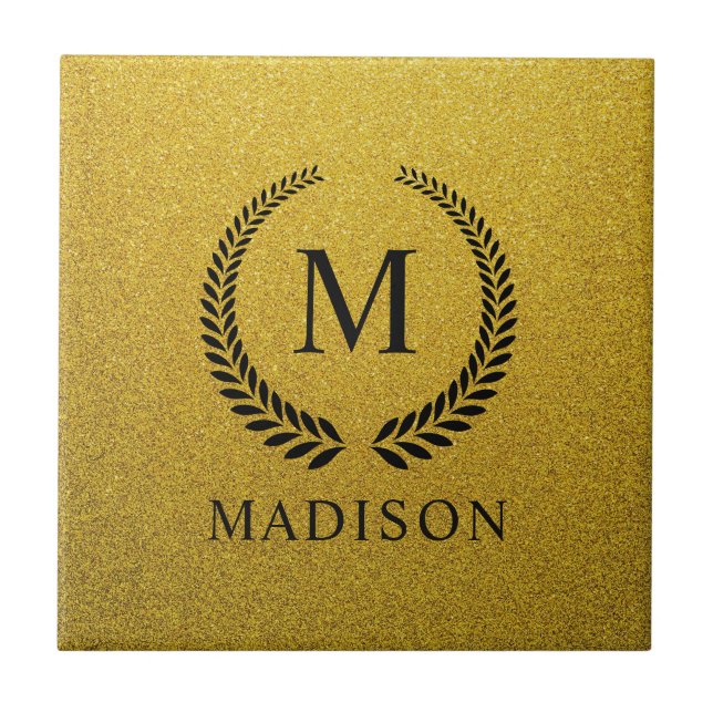 Custom Golden Black and Gold Glitter Monogram  Tile (Front)