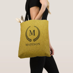Custom Golden Black and Gold Glitter Monogram Tote Bag