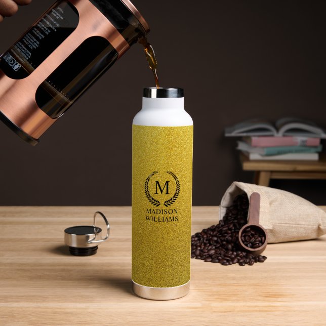 Custom Golden Black and Gold Glitter Monogram Water Bottle (Coffee (Rotated))