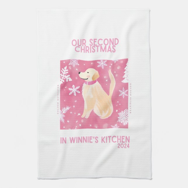 Custom Golden Retreiver Pink Christmas Tea Towel (Vertical)