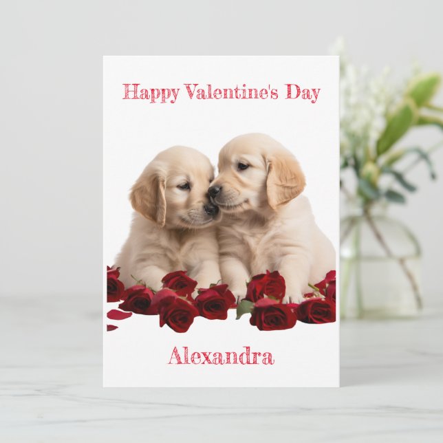 Custom Golden Retriever Puppies Kissing Valentine Holiday Card (Standing Front)