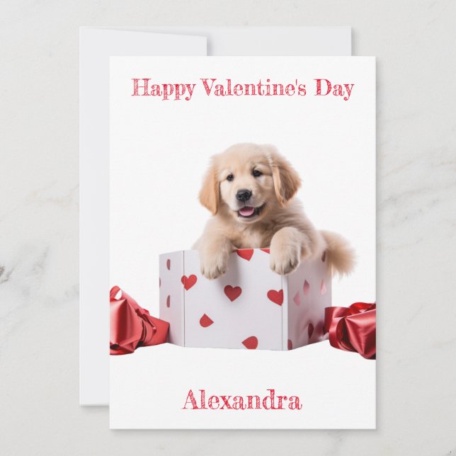 Custom Golden Retriever Puppy Hearts Box Valentine Holiday Card (Front)