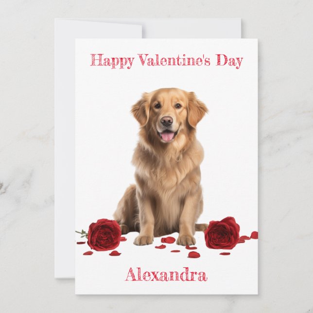 Custom Golden Retriever with Red Roses  Valentine Holiday Card (Front)