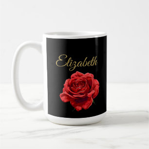 Custom Golden Script Elegant Red Rose Personalised Coffee Mug