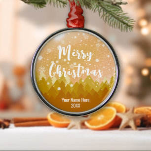 Custom Golden Snow Peaceful Forest Merry Christmas Metal Tree Decoration