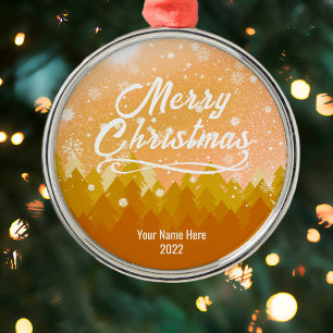 Custom Golden Snow Peaceful Forest Merry Christmas Metal Tree Decoration