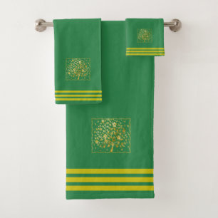 Custom Golden Tree, Three Stripes on Forest Green Bath Towel Set