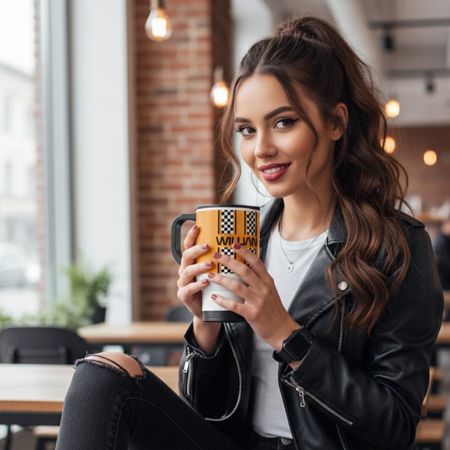 Custom Golden Yellow & Black Auto Race Stripe  Travel Mug (Creator Uploaded)