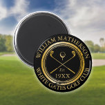 Custom Golf Club Name Retro Stamp Black And Gold Magnet<br><div class="desc">Featuring classic crossed golf clubs,  golf ball design,  and aged stamp effect border,  these black and gold golf magnets are ideal for all golf clubs and club members. Personalise with the name of the club member,  golf club name and the year the golf club was established. Designed by Thisisnotme©</div>