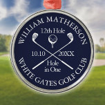 Custom Golf Hole in One Award Navy Blue Metal Tree Decoration<br><div class="desc">Personalise the name,  location hole number and date to create a great golf keepsake to celebrate that fantastic hole in one. Designed by Thisisnotme©</div>