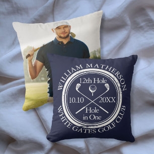 Custom Golf Hole in One Photo Navy Blue Cushion