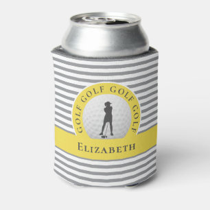 Custom Golfer Monogrammed Name Grey Yellow Sports Can Cooler