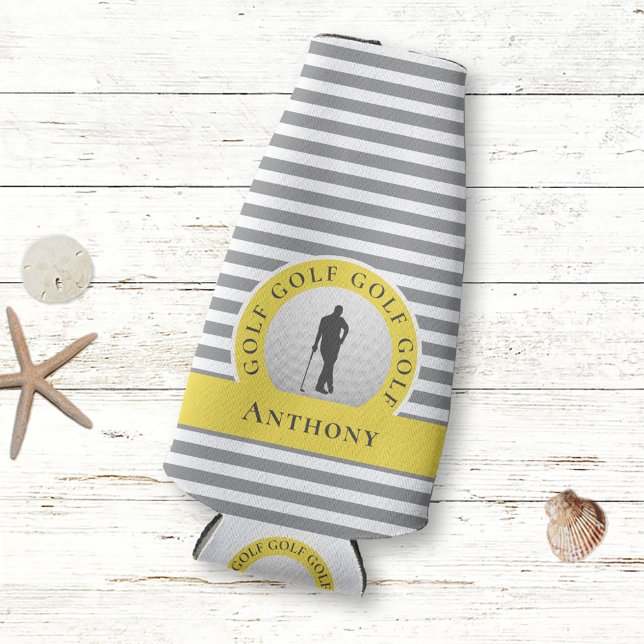 Custom Golfer Monogrammed Name Yellow Grey For Him Bottle Cooler (Creator Uploaded)