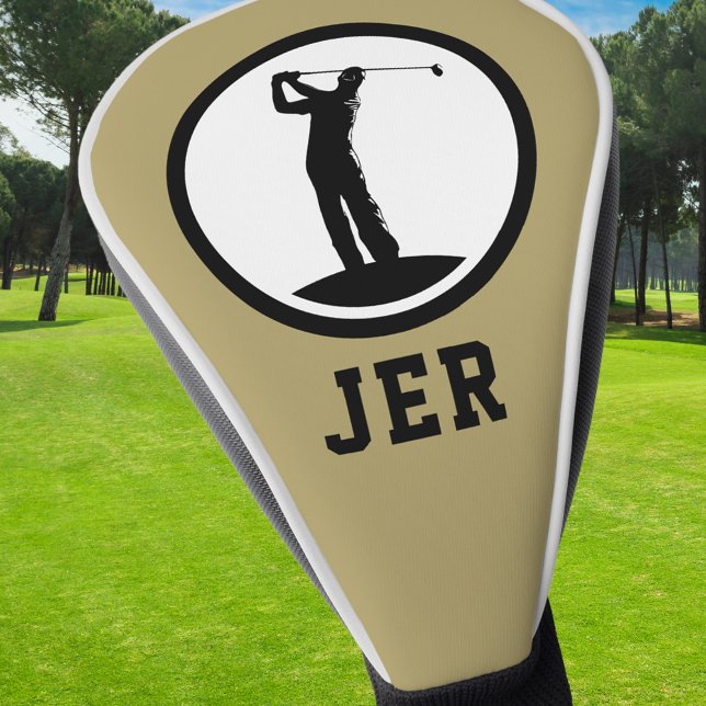 Custom Golfer Monogrammed Silhouette For Him Golf Head Cover (Golfer Personalized Monogram Initials Black Gold Golf Head Cover)
