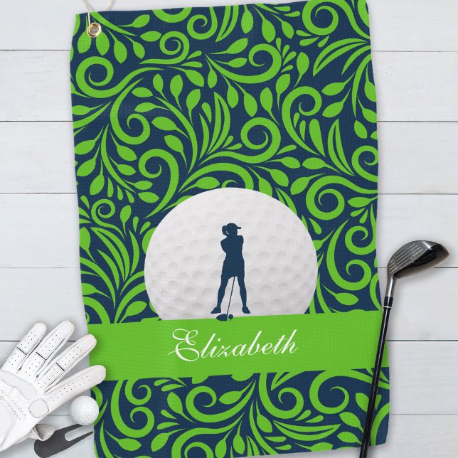 Custom Golfer Silhouette Blue Green Pattern Golf Towel (Creator Uploaded)