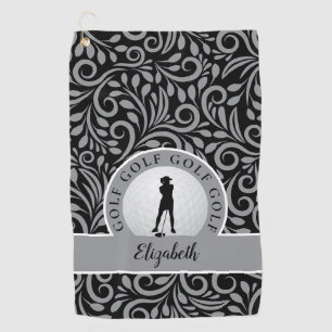 Custom Golfer Silhouette Chic Pattern Black & Grey Golf Towel