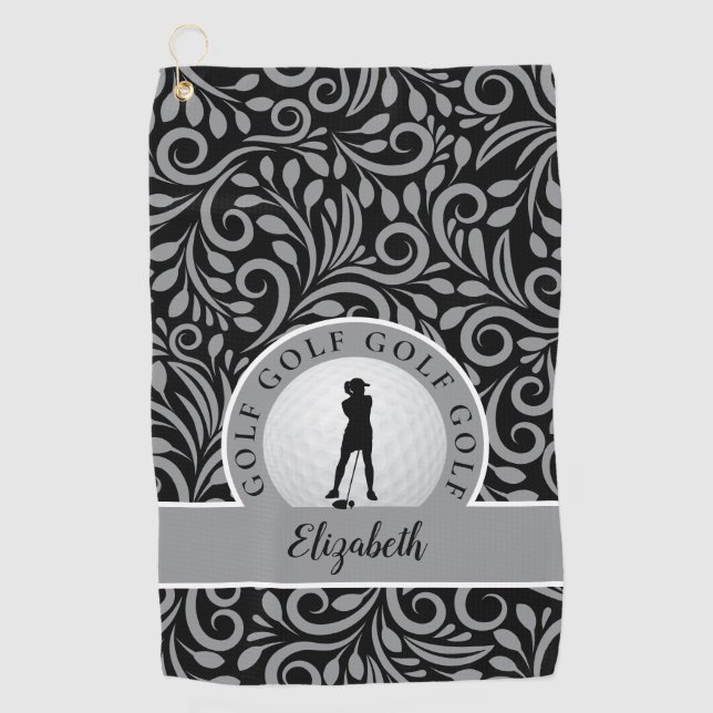 Custom Golfer Silhouette Chic Pattern Black & Grey Golf Towel (Front)