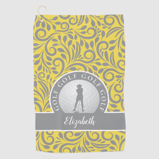Custom Golfer Silhouette Chic Pattern Yellow Grey Golf Towel (Front)