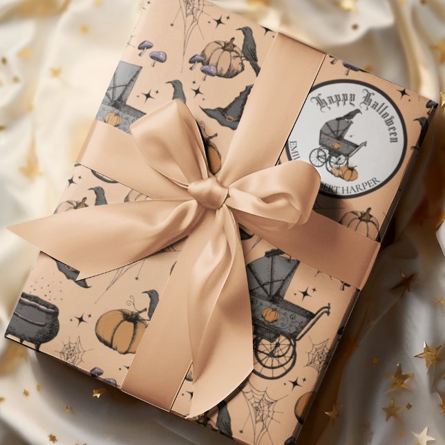 Custom Goth Orange Baby Carriage Halloween Wrapping Paper (Victorian Baby Carriages, Pumpkins, Witch Hats, Crows, Spiderwebs and Tiny Mushrooms. Custom Texts. )