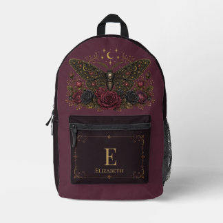Custom Gothic Moth Burgundy Roses Dark Academia Printed Backpack