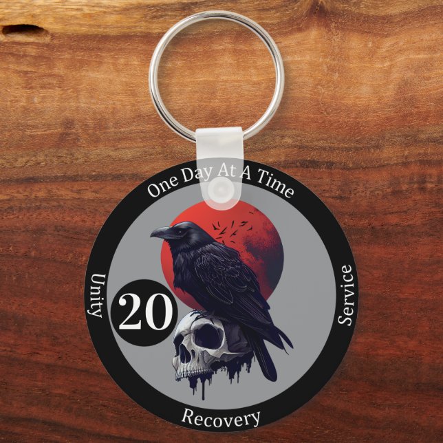 Custom Gothic Raven Recovery Milestone Gift Key Ring (Front)