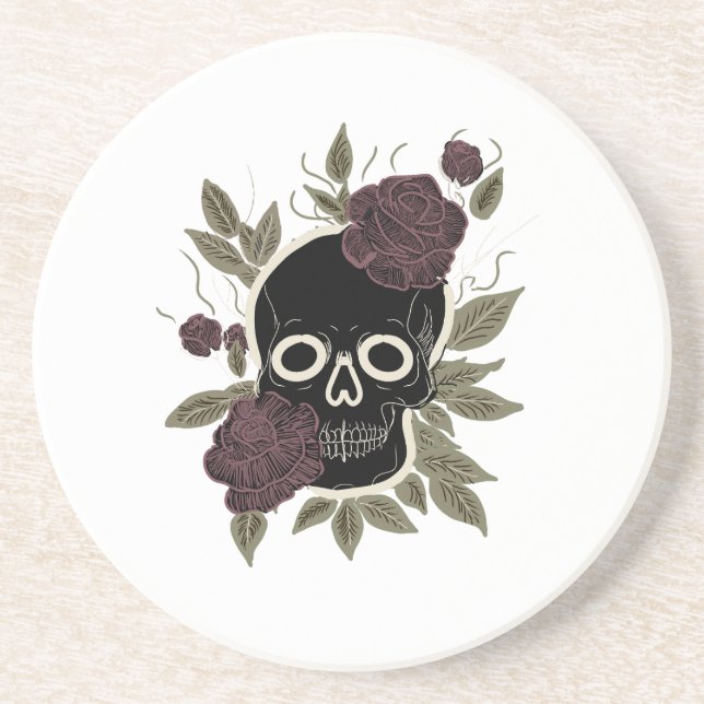 Custom Gothic Skull and Roses Dark Floral Art Coaster (Front)