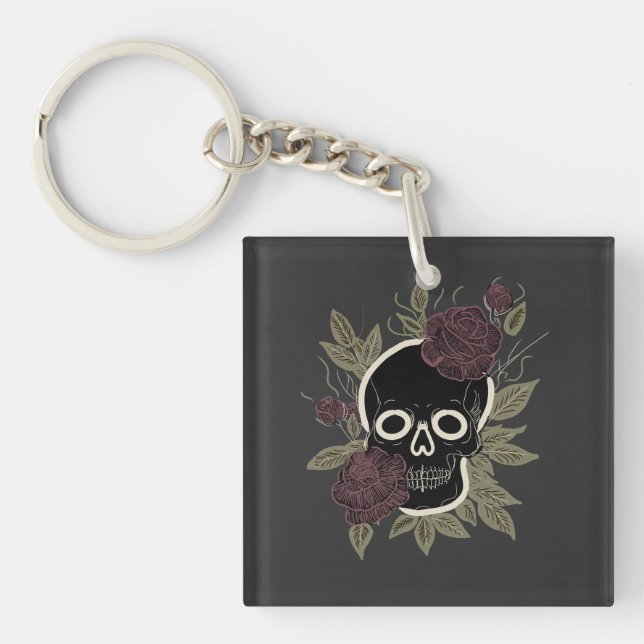 Custom Gothic Skull and Roses Dark Floral Art Key Ring (Front)