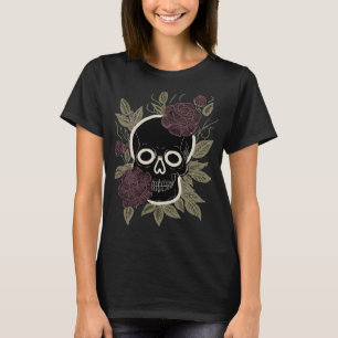 Custom Gothic Skull and Roses Dark Floral Art T-Shirt