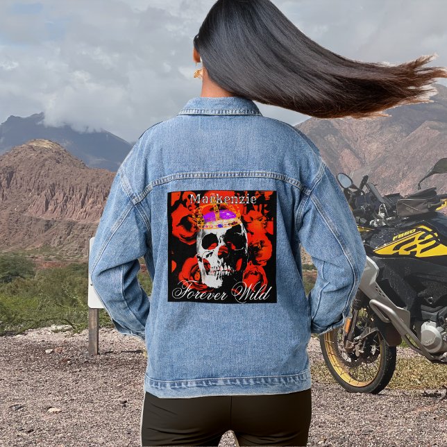 Custom Gothic Skull Red Roses Denim Jacket (Creator Uploaded)