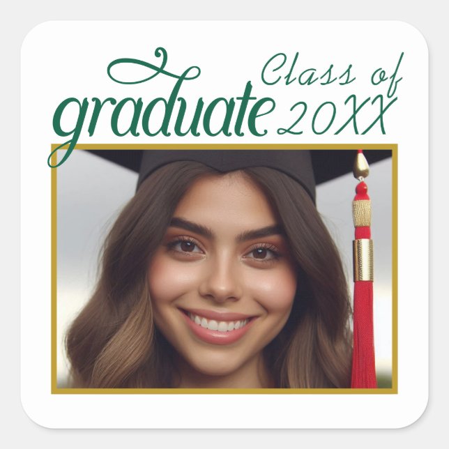 Custom Graduate Photo Class Year Fancy Script Square Sticker (Front)