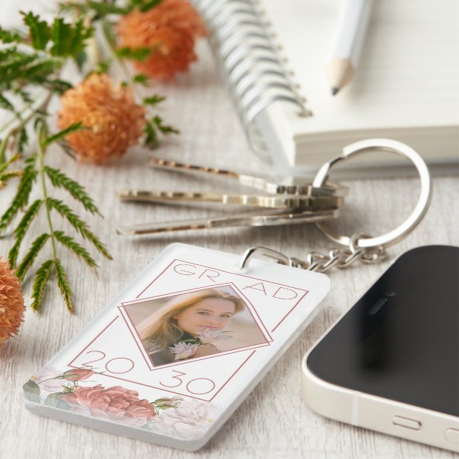 Custom Graduate Photo Keepsake Floral Key Ring (Front Right)