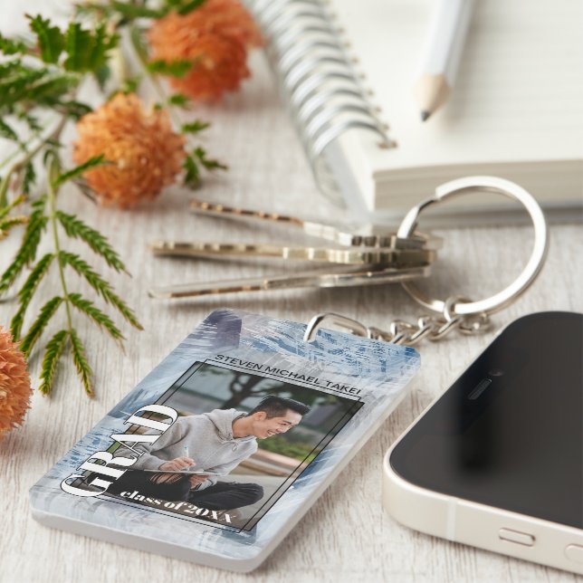Custom Graduate Photo On Abstract Art Pattern Key Ring (Front Right)