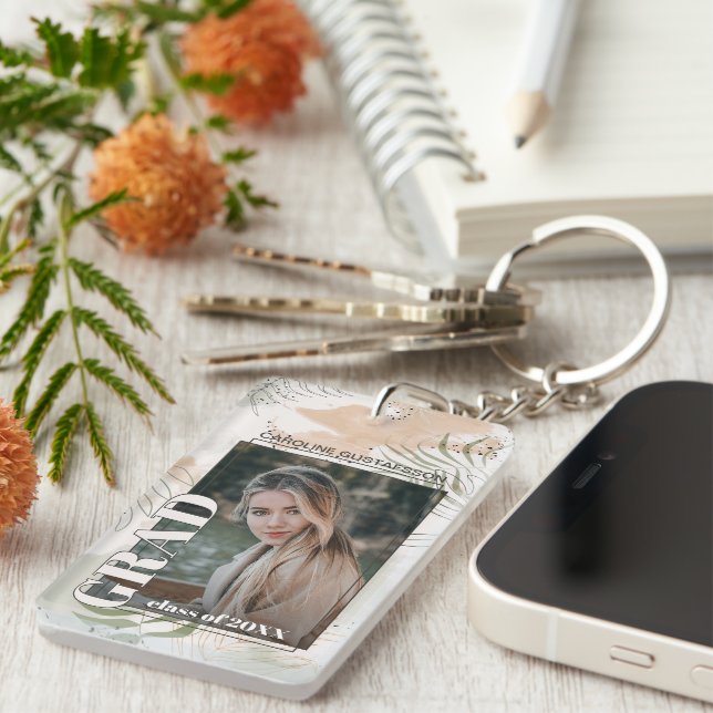 Custom Graduate Photo On Abstract Art Pattern Key Ring (Front Right)