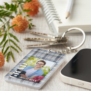 Custom Graduate Photo On Gingham Pattern Key Ring