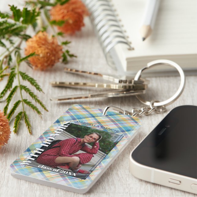Custom Graduate Photo On Gingham Pattern Key Ring (Front Right)
