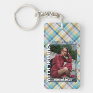 Custom Graduate Photo On Gingham Pattern Key Ring