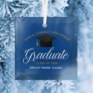 Custom Graduation Blue Gold Graduate Christmas Glass Tree Decoration