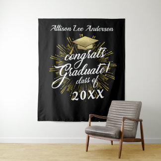 Custom Graduation Cap Golden Starburst Backdrop Tapestry