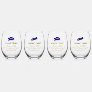 Custom Graduation Cap Tassel Diploma Blue Gold Stemless Wine Glass