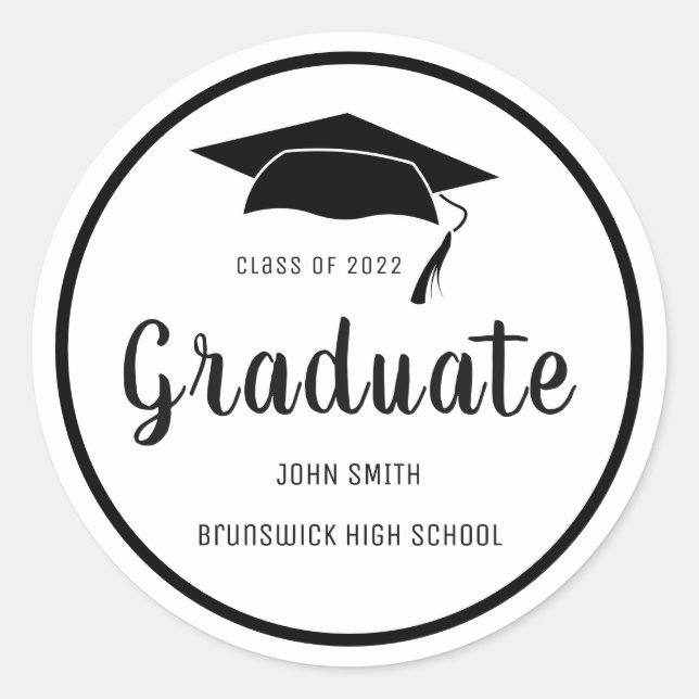 Custom Graduation Cap Year School Name Black White Classic Round Sticker (Front)