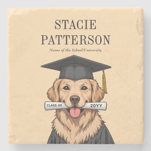 Custom Graduation Cute Golden Retriever Dog Stone Coaster (Front)