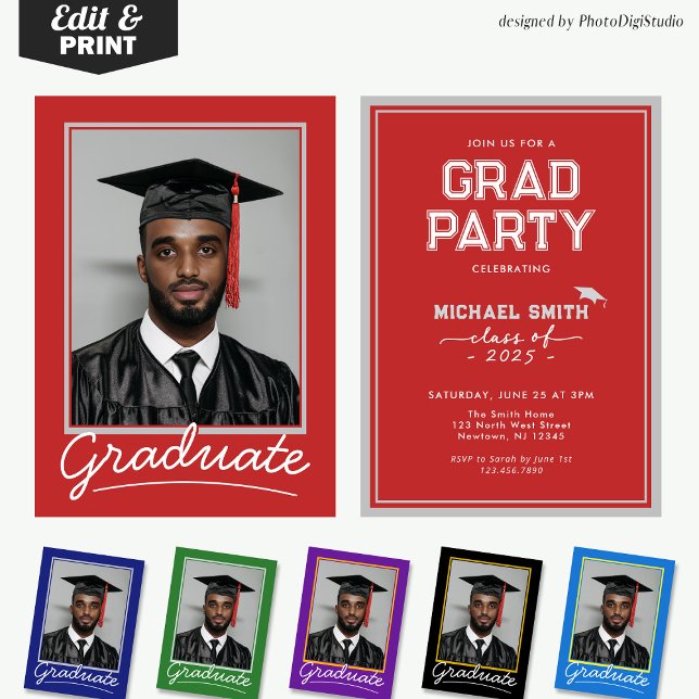 Custom Graduation Invitation, Classic Red Invitation (Custom Graduation Invitation Card | Red and White Classic Design for Graduation Party and Ceremony)
