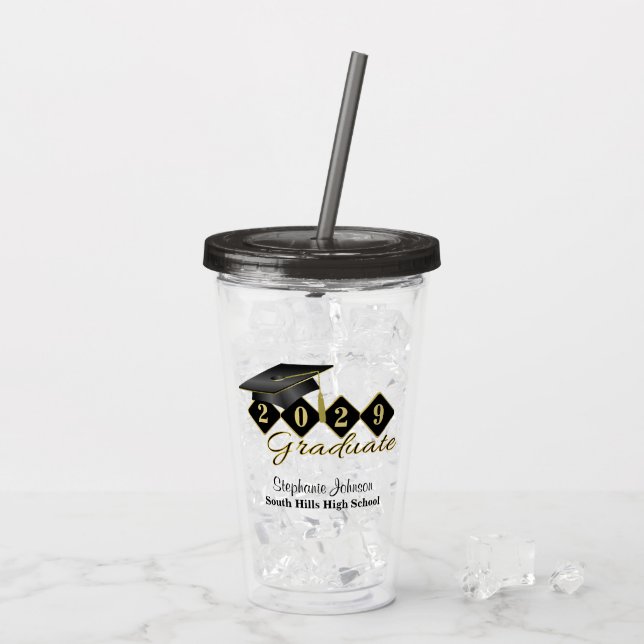 Custom Graduation Party Black Gold Acrylic Tumbler (Back Ice)