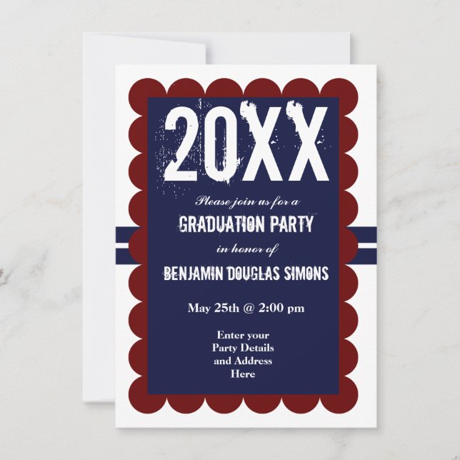 Custom Graduation Party Invitations Navy Blue Red (Front)