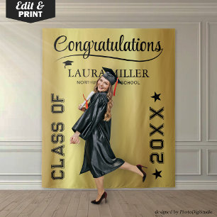 Custom Graduation Photo Banner, Black Gold Prop Tapestry