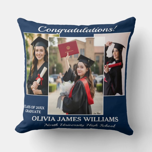 Custom Graduation Photo Collage Navy Blue Cushion (Front)