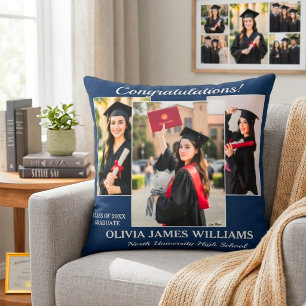 Custom Graduation Photo Collage Navy Blue Cushion